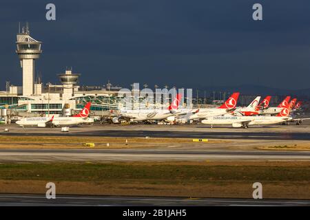 Istanbul, Turkey – February 15, 2019: Turkish Airlines airplanes at Istanbul Atatürk airport (IST) in Turkey. Stock Photo