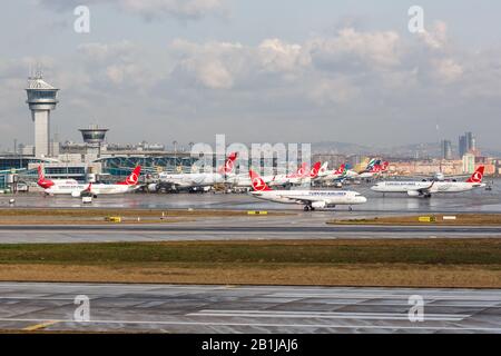 Istanbul, Turkey – February 15, 2019: Turkish Airlines airplanes at Istanbul Atatürk airport (IST) in Turkey. Stock Photo