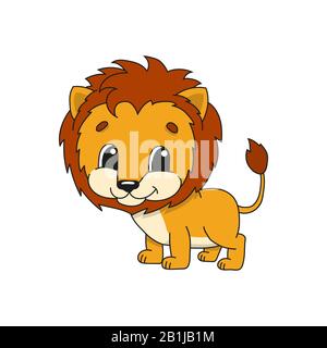 Orange lion. Cute flat vector illustration in childish cartoon style. Funny character. Isolated on white background Stock Vector