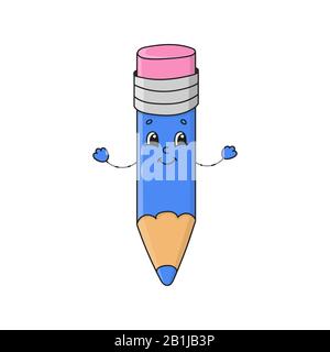 Fun blue pencil. Cute flat vector illustration in childish cartoon style. Funny character. Isolated on white background. Stock Vector
