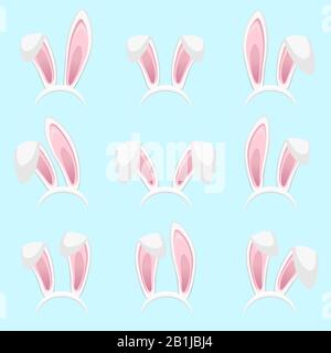 Easter bunny ears stickers collection. Set of masks Rabbit ear isolated on blue background. Vector illustration Stock Vector
