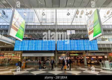 Munich, Germany – February 14, 2019: Terminal of Munich airport (MUC) in Germany. Stock Photo