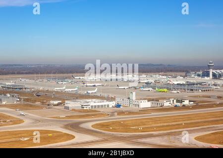 Munich, Germany – February 14, 2019: Aerial view of Munich airport (MUC) in Germany. Stock Photo