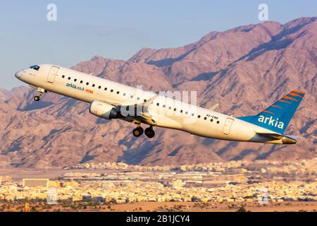 Eilat, Israel – February 21, 2019: Arkia Embraer 190 airplane at Eilat Airport (ETH) in Israel. Stock Photo