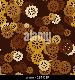 Seamless pattern of mechanical gears on a dark brown background. Vector image Stock Vector