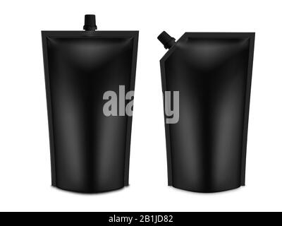 Realistic 3D Black Blank Doy Pack Mock up set. Vector Doypack Template Packing with screw cap. Stock Vector