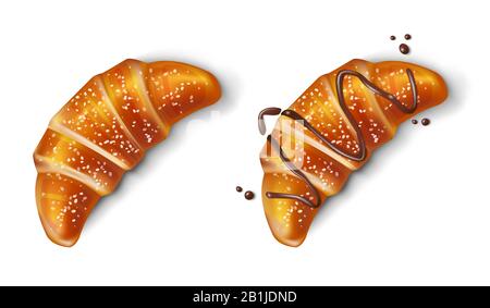 Croissant with chocolate isolated. Realistic traditional french Croissant. Bake sweet dessert product for breakfast or lunch. Vector illustration. Stock Vector