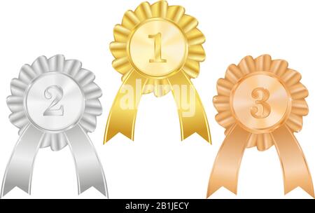 Awards badges. Gold, silver and bronze signs. Vector illustration isolated on white background Stock Vector