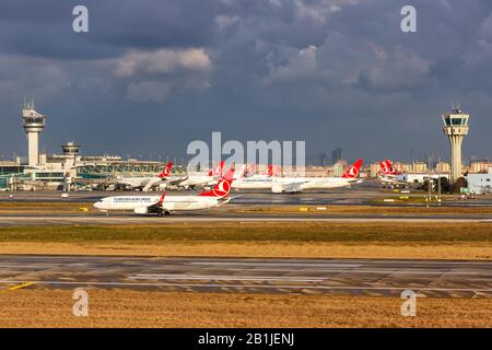 Istanbul, Turkey – February 15, 2019: Turkish Airlines aiplanes at Istanbul Ataturk Airport (IST) in Turkey. Stock Photo