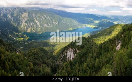 View over Lake Bohinj in Slovenia. Stock Photo