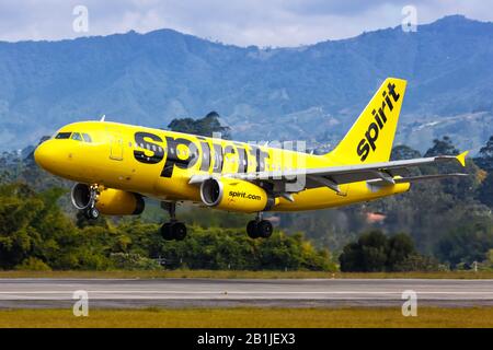 Medellin, Colombia – January 25, 2019: Spirit Airbus A319 airplane at Medellin airport (MDE) in Colombia. Stock Photo