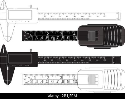 Measuring tape and caliper. Outline drawing Stock Vector