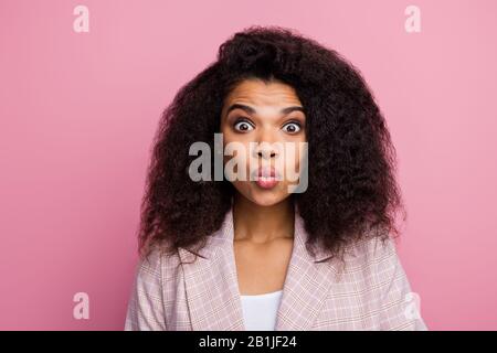 Lovely afro american girl lawyer collar have corporate job valentine day party attract her boss send funny air kiss wear stylish trendy checkered suit Stock Photo