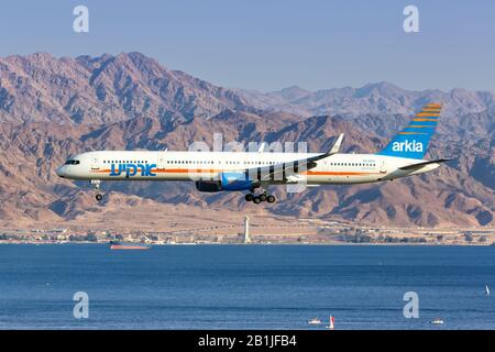 Eilat, Israel – February 21, 2019: Arkia Boeing 757 airplane at Eilat Airport (ETH) in Israel. Stock Photo