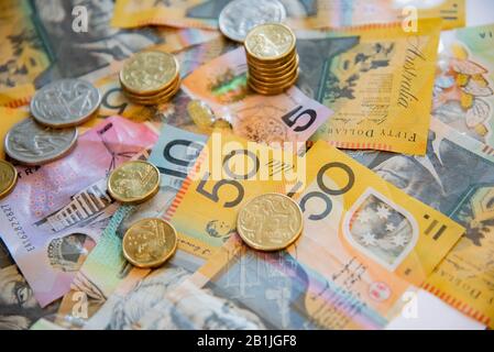 In this photo illustration the Australian notes and coins are seen being displayed. Stock Photo