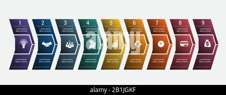 Horizontal numbered color arrows for text template infographic for nine positions Stock Vector