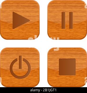 Media buttons - play, stop, pause, power. Wooden square shaped icons Stock Vector