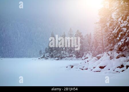 lake Eibsee in winter, Germany, Bavaria Stock Photo