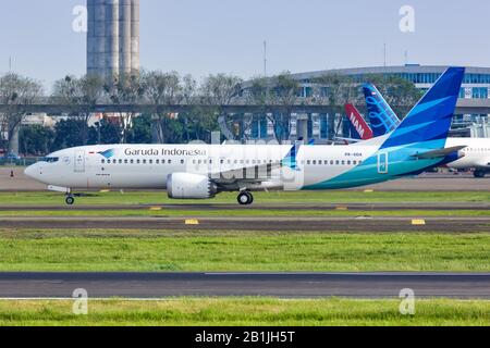 Jakarta, Indonesia – January 27, 2018: Garuda Indonesia Boeing 737 MAX 8 airplane at Jakarta airport (CGK) in Indonesia. Boeing is an American aircraf Stock Photo