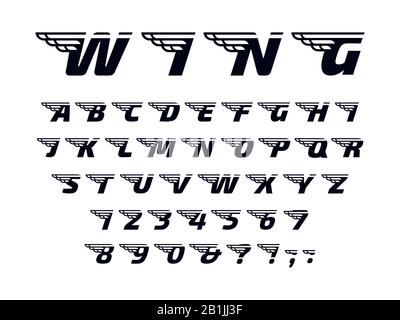 Winged font. Letters with wings, flying alphabet and powerful sport monogram. Speed wing lettering font vector set Stock Vector