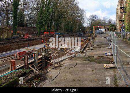 The Macclesfield canal in Bollington is being relined next to the Clarence Mill in Bollington in Cheshire in a job costing £1.2 million Stock Photo