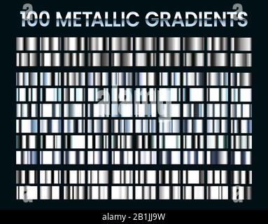 Metallic gradients. Shiny silver gradient, platinum and steel metal material colors vector illustration set Stock Vector