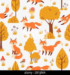 Seamless forest foxes pattern. Cute red fox among yellow trees, wild animal nature background vector illustration Stock Vector