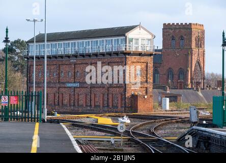 Severn Bridge Junction signal box and Shrewsbury Abbey seen from the station, Shropshire, England, UK. Stock Photo