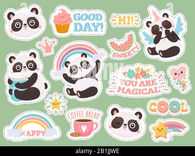 Cute panda stickers. Happy pandas patches, cool animals and winked panda sticker vector illustration set Stock Vector