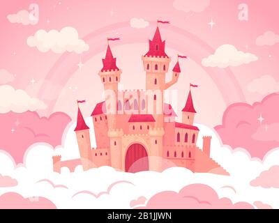 Cartoon castle in pink clouds. Magic land, fairytale cloud and fabulous sky. Fairy castle for little princess vector illustration Stock Vector