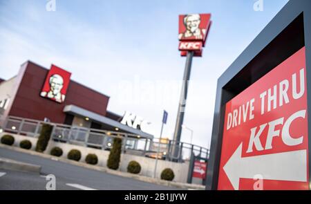 Olomouc - February 13, 2020: directional signs for KFC store. Drive Thru service Stock Photo