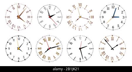 Modern clock faces. Minimalist watch, round clocks and watch face isolated vector set Stock Vector