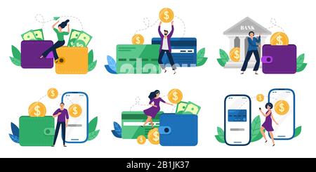 Money transfers. People sent money from wallet to bank card, mobile payments and financial transactions vector illustration set Stock Vector