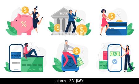 Digital banking. Bank transactions, credit card payment and internet payments. Online pay vector illustration set Stock Vector