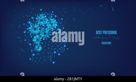 Silhouette of a polygonal head and gears in the shape of the brain. Polygonal illustration of triangles and points. Concept of thinking human, visuali Stock Vector