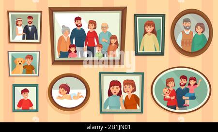 Cartoon family photo frames. Happy people portraits in wall picture frames, family portrait photos vector illustration Stock Vector