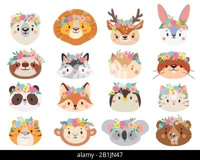 Funny animals in flower wreaths. Happy animal head with flower, fun cat and pet face in wreath vector set Stock Vector