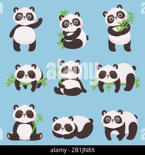 Cartoon panda kids. Little pandas, funny animals with bamboo and cute sleeping panda bear vector illustration set Stock Vector