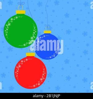 Flat Christmas toys in the form of a ball of green, blue and red color on a colored background. Hanging on thin ropes with bows. Suitable for the deco Stock Vector