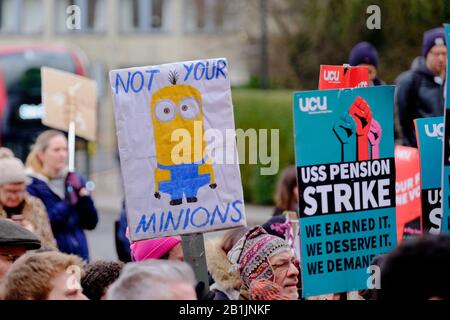 Bristol, UK. 26th Feb, 2020. The University and College Union (UCU) lecturer strike was supported by students and other local groups. University lecturers have commenced a series of strikes protesting changes to their Pension Scheme and working conditions. A group gathered outside the Victoria Rooms, and after speeches and protests the rally passed peacefully down Park Street and dispersed on College Green. Credit: Mr Standfast/Alamy Live News Stock Photo