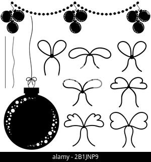 A set of flat black isolated silhouettes of Christmas toys in the form of balls, garlands and small bows. Simple design for processing. Stock Vector