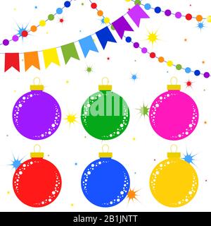 Flat colored set of isolated Christmas toys in the form of balls and garlands . Simple design for processing. Stock Vector