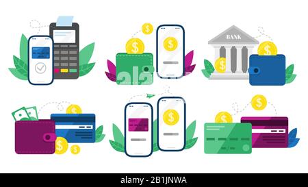 Money transactions. Cash transfers, mobile payments using smartphone and credit card transfer vector illustration set Stock Vector