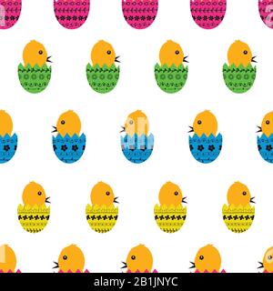 Cute seamless vector pattern background of chicken in colourful decorated eggs. Stock Vector