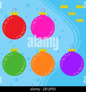 Set of flat colored isolated Christmas balls in the shape of balls. Simple design for decoration. On a blue background. Stock Vector