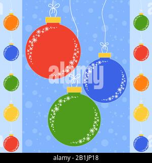 set of flat colored isolated Christmas tree toys balls on the ropes. Simple style. Stock Vector