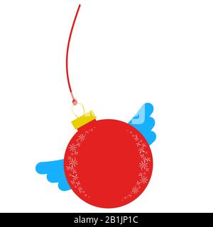 Flat insulated red ball with wings. Simple drawing Christmas decorations on white background Stock Vector