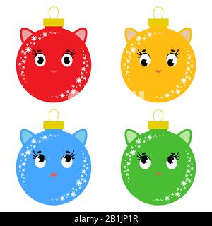 Set of flat colored isolated Christmas balls in the shape of balls. Cartoons cats. Simple design on a white background Stock Vector