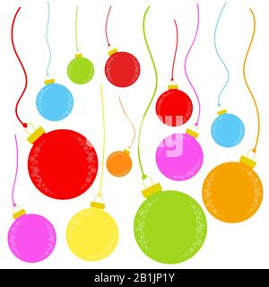 Flat colored set of isolated Christmas toys in the form of balls on thin ropes. Simple design for processing. Stock Vector