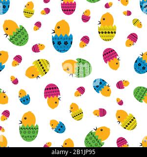Cute seamless vector pattern background of chicken in colourful decorated eggs. Stock Vector